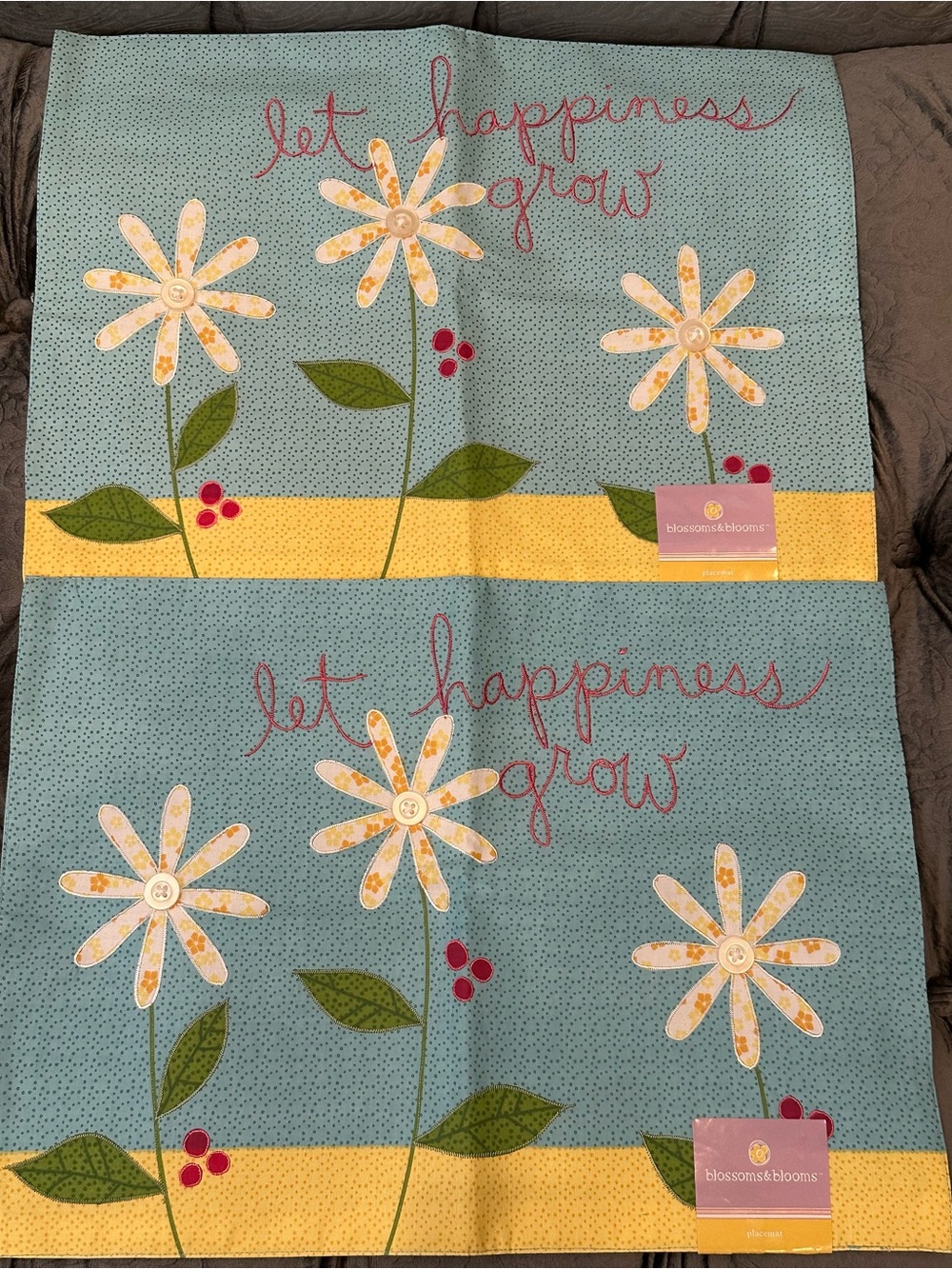 NWT ‘Let Happiness Grow' Blue Floral Placemats - Set of 2